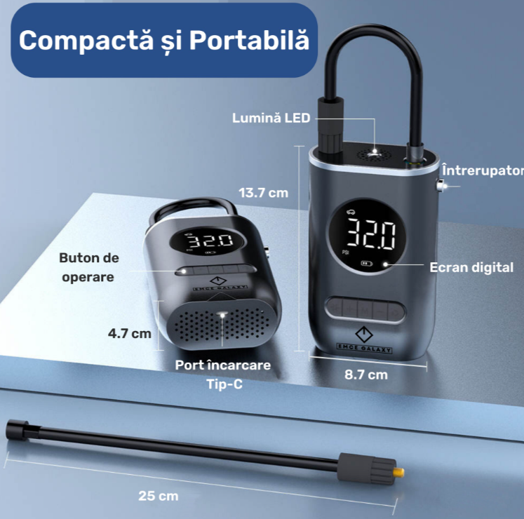 Pompa aer auto electrica, LED afisaj digital si Lanterna, Oprire automata si Umflare rapida
