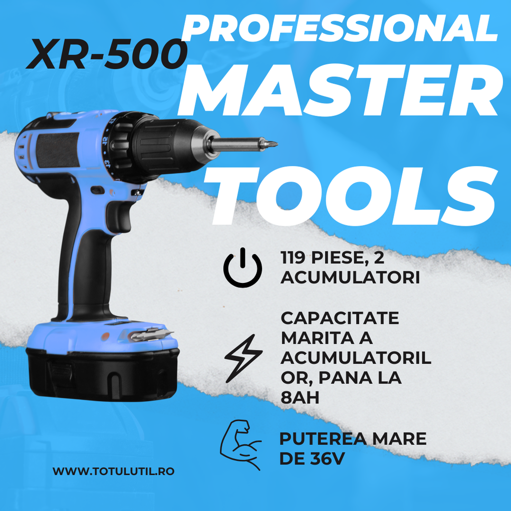 Bormasina de gaurit si insurubat cu impact, MasterTools, 36V, 8Ah, 119 Piese, 2 Acumulatori